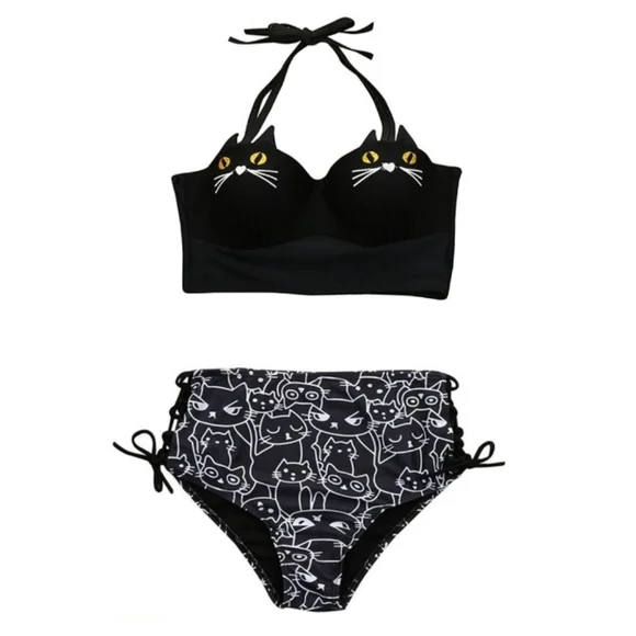 ●SALE●🇨🇦Kitty Cat Bikini Set Underwire Padded Bathing Suit Black - Picture 1 of 10